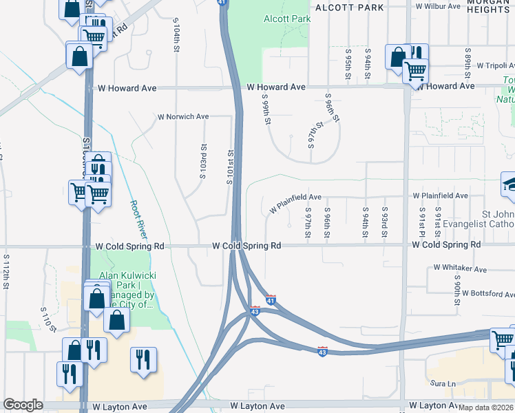 map of restaurants, bars, coffee shops, grocery stores, and more near 4235 South 99th Street in Greenfield