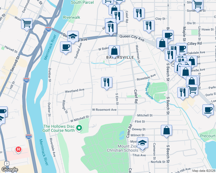 map of restaurants, bars, coffee shops, grocery stores, and more near 52 West Elmhurst Avenue in Manchester