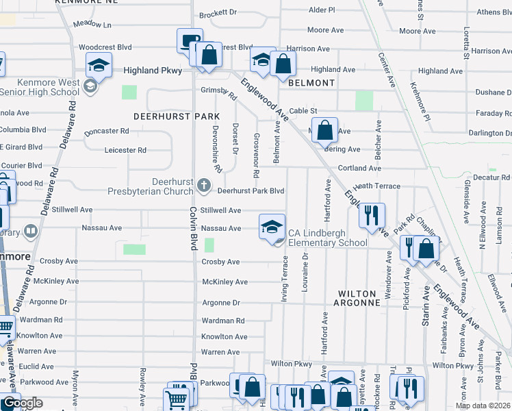 map of restaurants, bars, coffee shops, grocery stores, and more near 342 Nassau Avenue in Buffalo