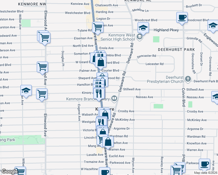 map of restaurants, bars, coffee shops, grocery stores, and more near 17 Allegany Avenue in Buffalo