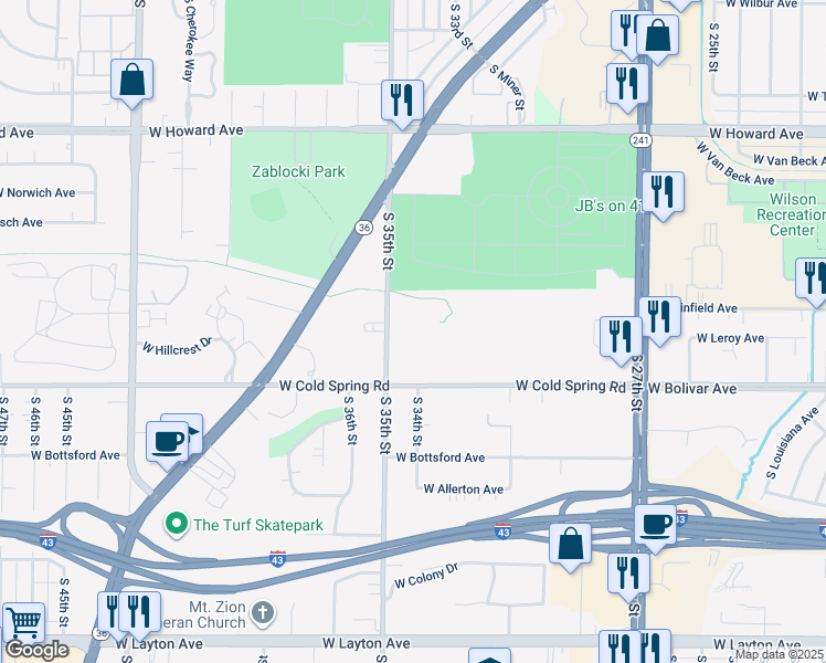 map of restaurants, bars, coffee shops, grocery stores, and more near 3308 West Cold Spring Road in Greenfield