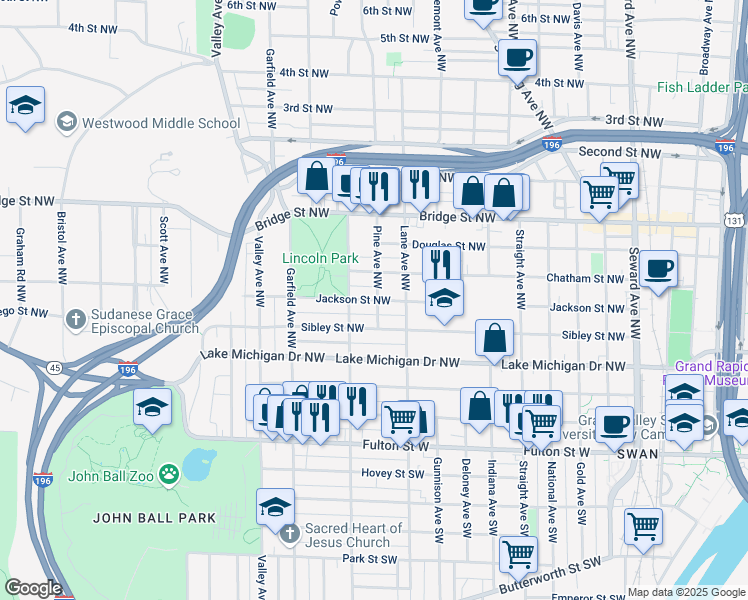 map of restaurants, bars, coffee shops, grocery stores, and more near 206 Pine Avenue Northwest in Grand Rapids