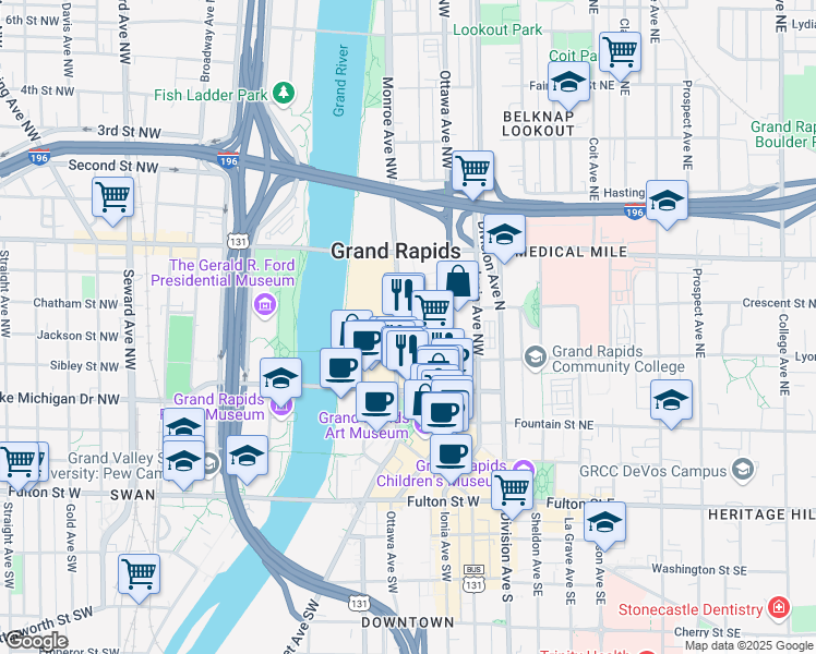 map of restaurants, bars, coffee shops, grocery stores, and more near 111 Lyon Street Northwest in Grand Rapids