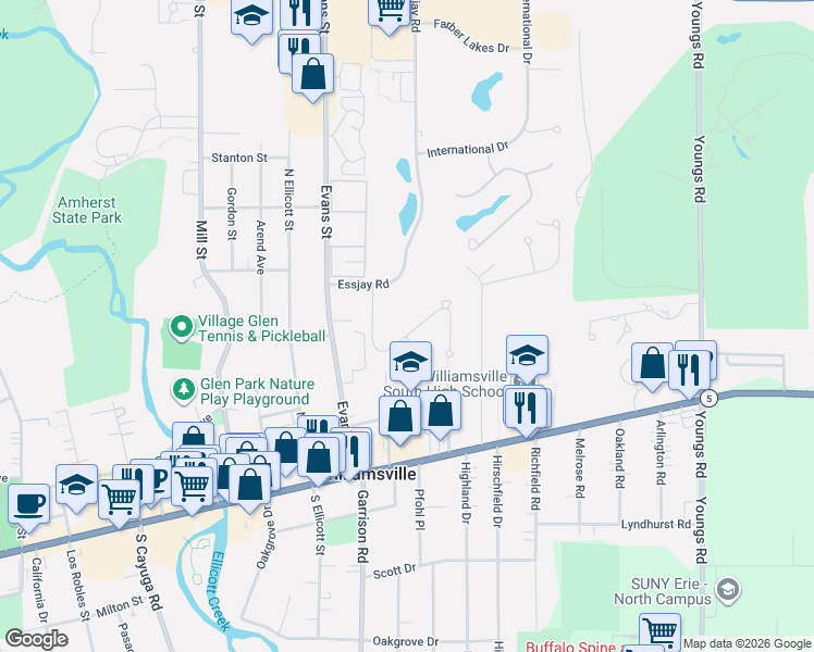 map of restaurants, bars, coffee shops, grocery stores, and more near 1 Clarion Court in Buffalo