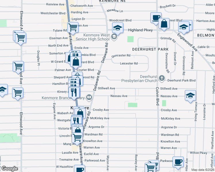 map of restaurants, bars, coffee shops, grocery stores, and more near 62 Deerhurst Park Boulevard in Kenmore