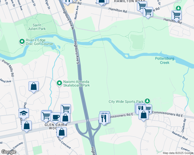 map of restaurants, bars, coffee shops, grocery stores, and more near 101 Meadowlily Road South in London