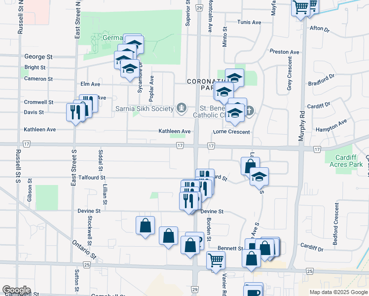 map of restaurants, bars, coffee shops, grocery stores, and more near 911 Wellington Street in Sarnia