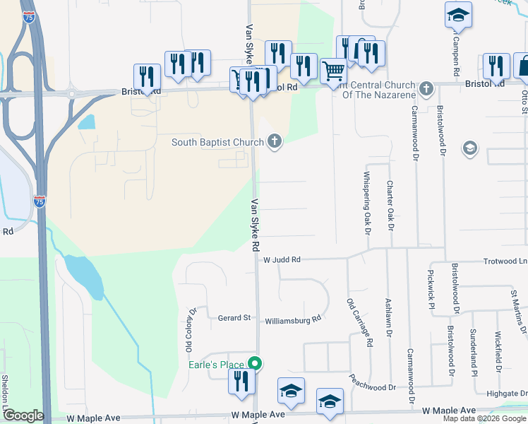 map of restaurants, bars, coffee shops, grocery stores, and more near 4169 Van Slyke Road in Flint