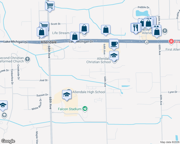 map of restaurants, bars, coffee shops, grocery stores, and more near 6670 Mista Drive in Allendale Charter Township