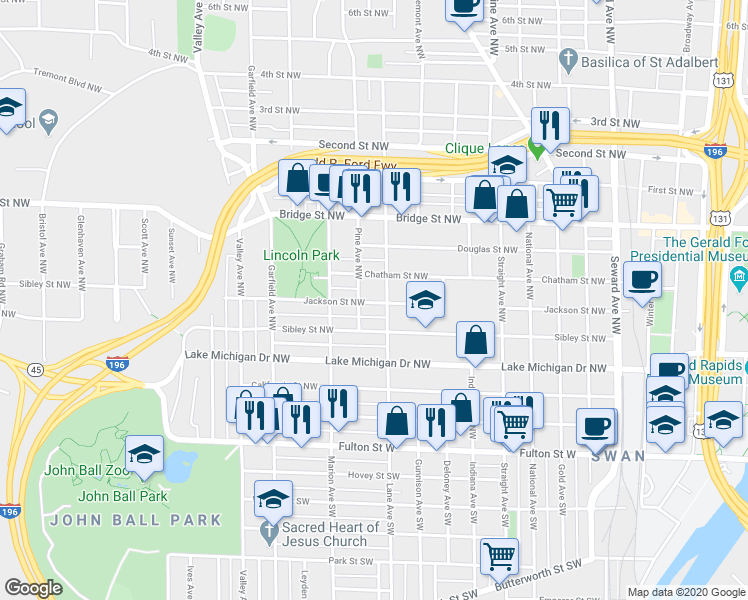map of restaurants, bars, coffee shops, grocery stores, and more near 1007 Jackson Street Northwest in Grand Rapids