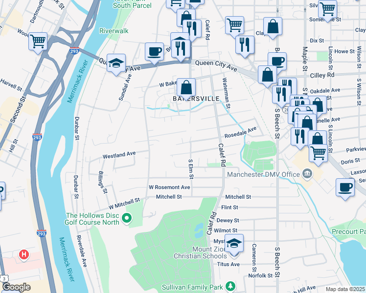 map of restaurants, bars, coffee shops, grocery stores, and more near 206 South Elm Street in Manchester