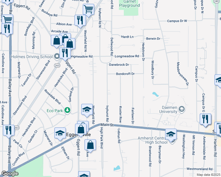 map of restaurants, bars, coffee shops, grocery stores, and more near 139 Ivyhurst Road in Buffalo