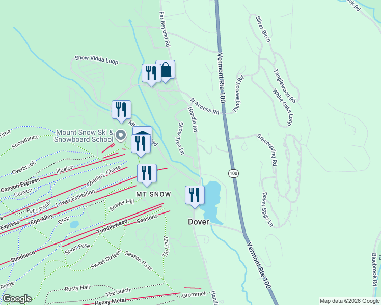 map of restaurants, bars, coffee shops, grocery stores, and more near 15A Snow Tree Lane in Dover