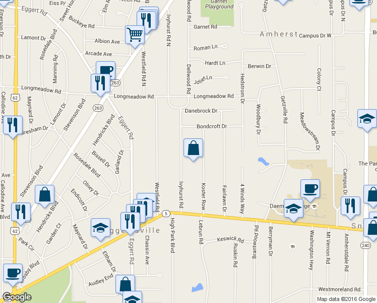 map of restaurants, bars, coffee shops, grocery stores, and more near 161 Ivyhurst Road in Buffalo