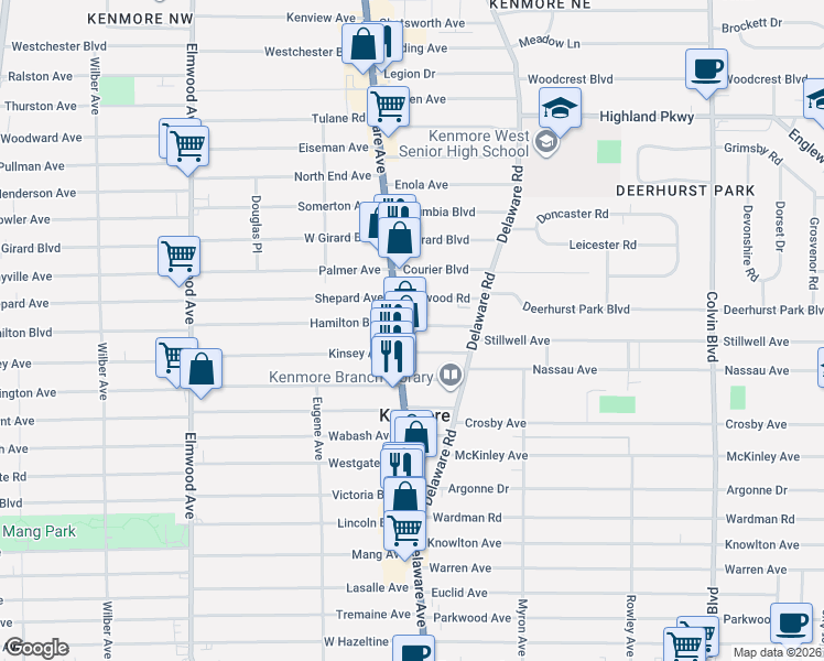map of restaurants, bars, coffee shops, grocery stores, and more near 17 Delwood Road in Buffalo