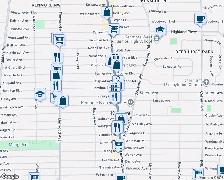 map of restaurants, bars, coffee shops, grocery stores, and more near 16 Shepard Avenue in Buffalo