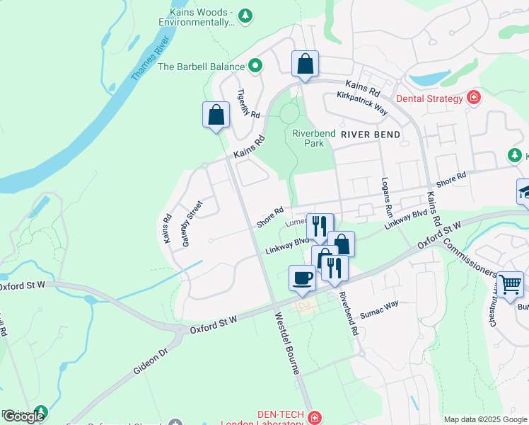 map of restaurants, bars, coffee shops, grocery stores, and more near 977 Westdel Bourne in London