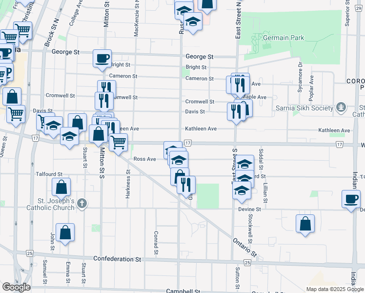 map of restaurants, bars, coffee shops, grocery stores, and more near 125 Russell Street South in Sarnia