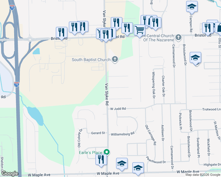 map of restaurants, bars, coffee shops, grocery stores, and more near 4169 Van Slyke Road in Flint