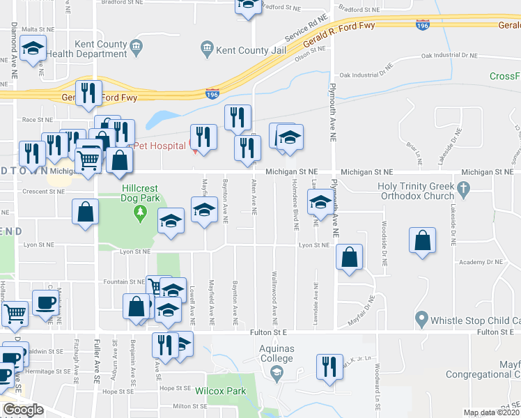 map of restaurants, bars, coffee shops, grocery stores, and more near 325 Wallinwood Avenue Northeast in Grand Rapids