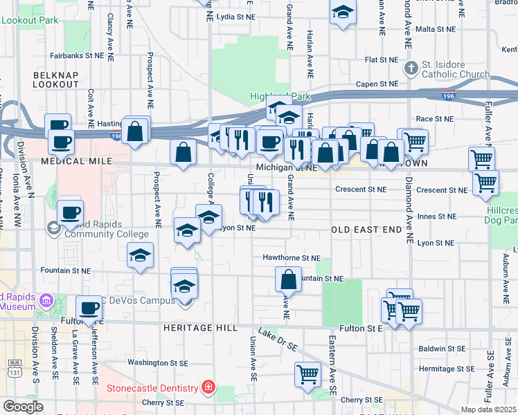 map of restaurants, bars, coffee shops, grocery stores, and more near 557 Crescent Street Northeast in Grand Rapids