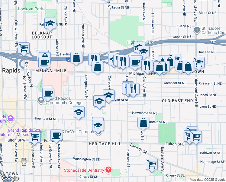map of restaurants, bars, coffee shops, grocery stores, and more near 521 Crescent Street Northeast in Grand Rapids