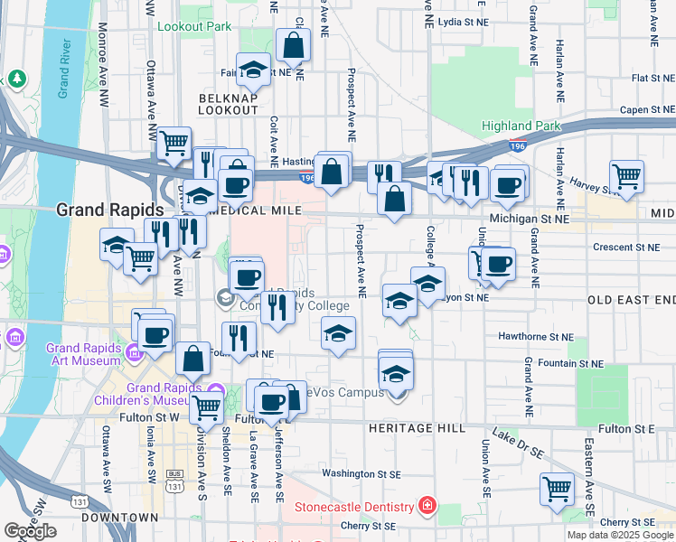 map of restaurants, bars, coffee shops, grocery stores, and more near 241 Crescent Street Northeast in Grand Rapids