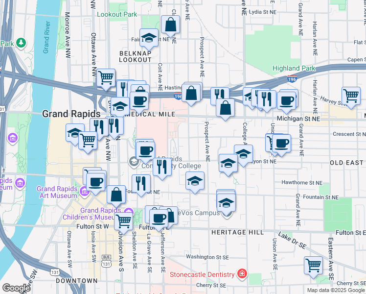 map of restaurants, bars, coffee shops, grocery stores, and more near 241 Crescent Street Northeast in Grand Rapids