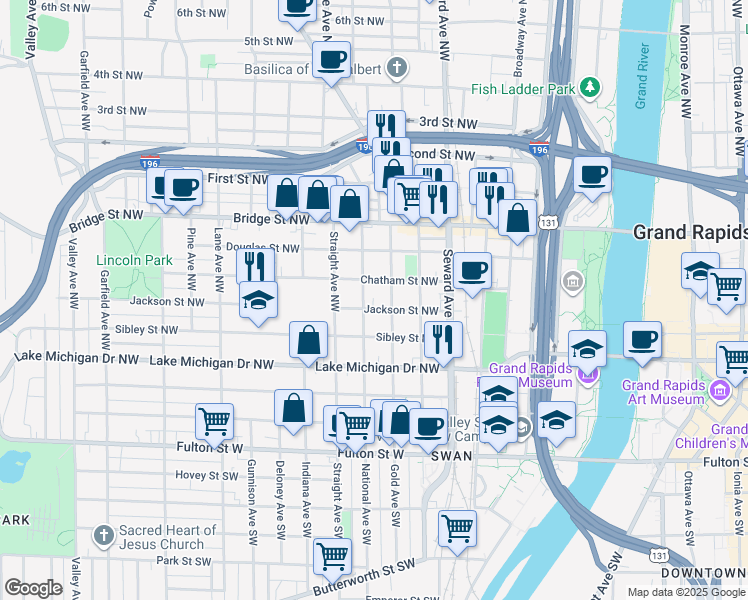 map of restaurants, bars, coffee shops, grocery stores, and more near 719 Chatham Street Northwest in Grand Rapids
