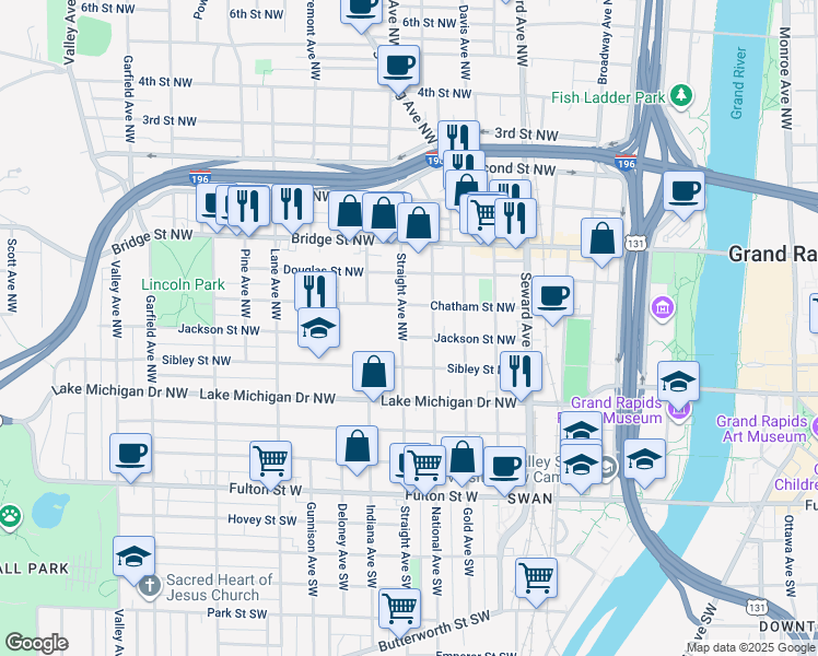 map of restaurants, bars, coffee shops, grocery stores, and more near 300 Straight Avenue Northwest in Grand Rapids