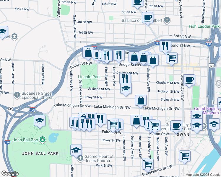 map of restaurants, bars, coffee shops, grocery stores, and more near 1024 Chatham Street Northwest in Grand Rapids