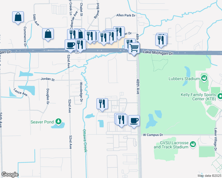map of restaurants, bars, coffee shops, grocery stores, and more near 11020 Radcliff Drive in Allendale Charter Township