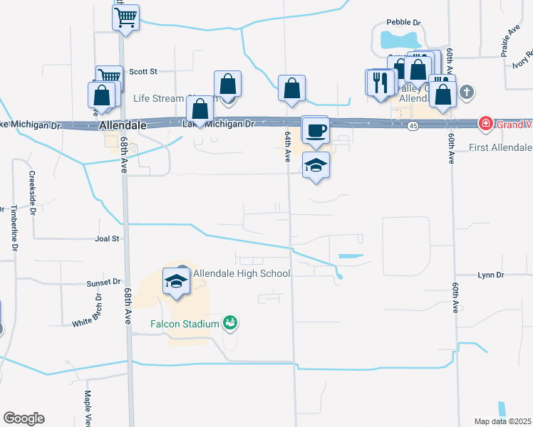 map of restaurants, bars, coffee shops, grocery stores, and more near 6531 Mista Drive in Allendale