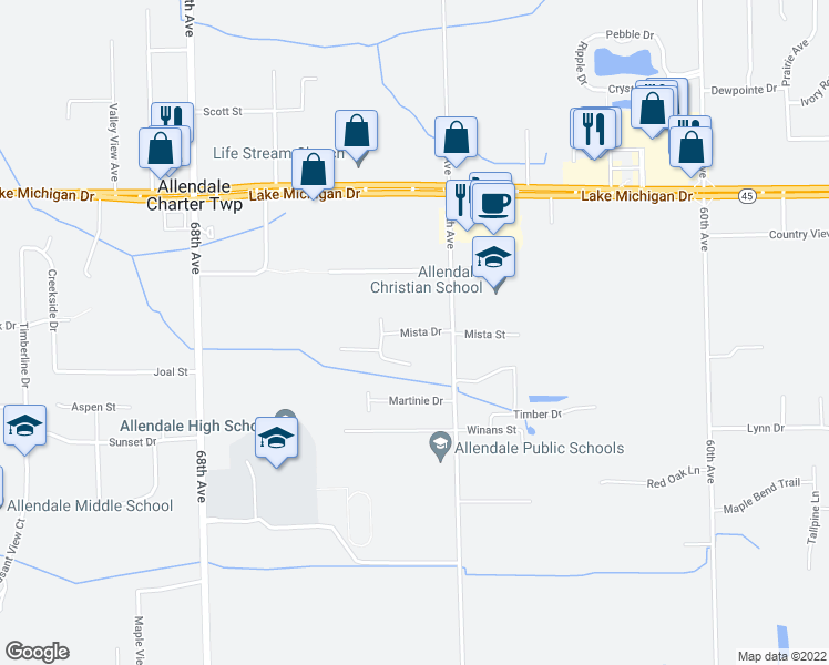 map of restaurants, bars, coffee shops, grocery stores, and more near 6531 Mista Drive in Allendale Charter Township