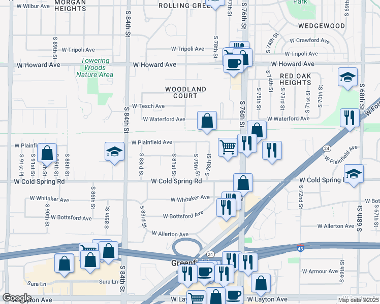 map of restaurants, bars, coffee shops, grocery stores, and more near 7928 West Plainfield Avenue in Greenfield