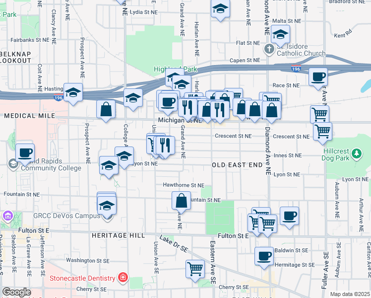 map of restaurants, bars, coffee shops, grocery stores, and more near 228 Grand Avenue Northeast in Grand Rapids