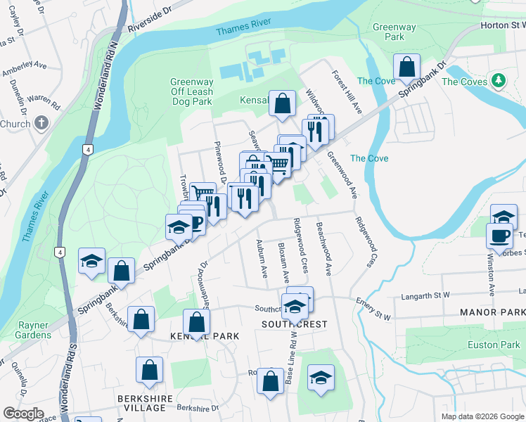 map of restaurants, bars, coffee shops, grocery stores, and more near 390 Springbank Drive in London