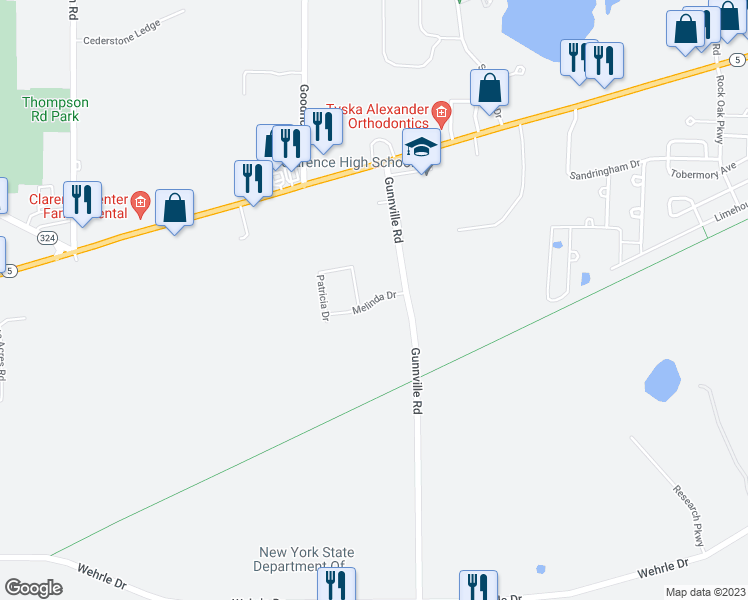map of restaurants, bars, coffee shops, grocery stores, and more near 9555 Melinda Drive in Clarence