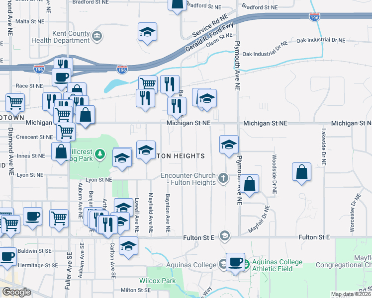 map of restaurants, bars, coffee shops, grocery stores, and more near 325 Wallinwood Avenue Northeast in Grand Rapids