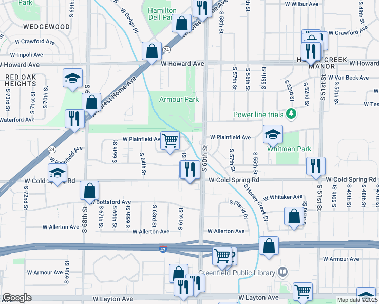 map of restaurants, bars, coffee shops, grocery stores, and more near 6043 West Plainfield Avenue in Greenfield