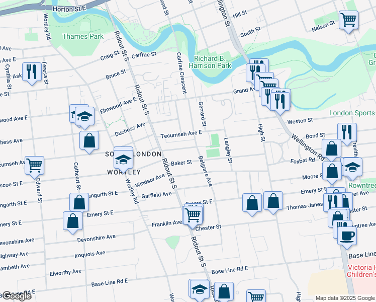 map of restaurants, bars, coffee shops, grocery stores, and more near 425 McKenzie Avenue in London