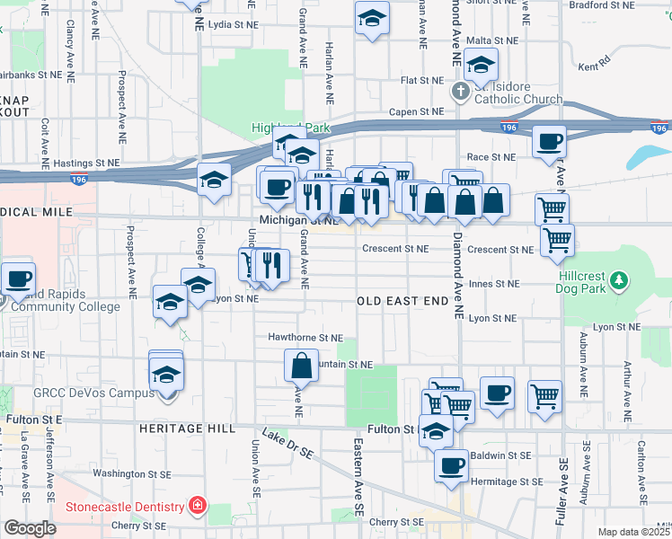map of restaurants, bars, coffee shops, grocery stores, and more near 737 Innes Street Northeast in Grand Rapids