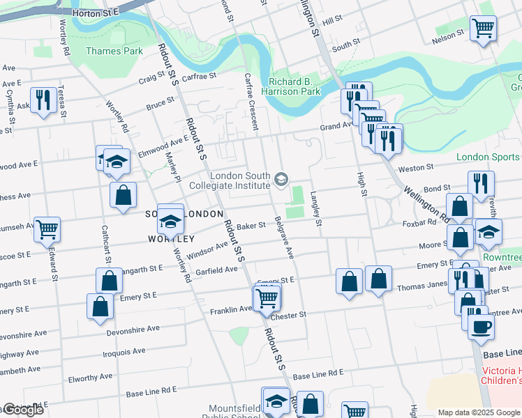 map of restaurants, bars, coffee shops, grocery stores, and more near 351 Tecumseh Avenue East in London