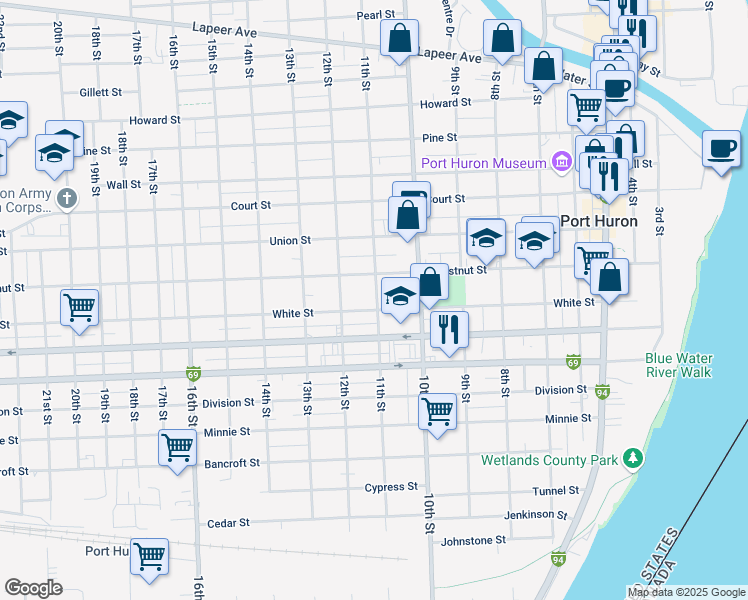 map of restaurants, bars, coffee shops, grocery stores, and more near 1040 Chestnut Street in Port Huron