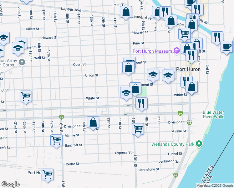 map of restaurants, bars, coffee shops, grocery stores, and more near 1040 Chestnut Street in Port Huron