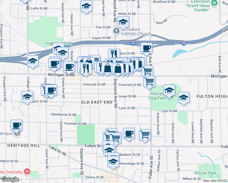 map of restaurants, bars, coffee shops, grocery stores, and more near 936 Crescent Street Northeast in Grand Rapids