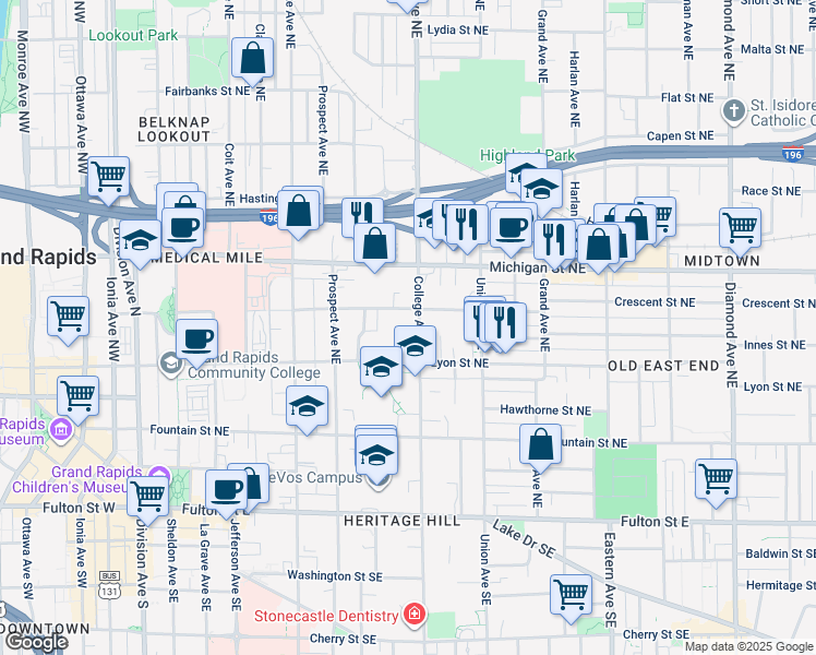 map of restaurants, bars, coffee shops, grocery stores, and more near 465 Crescent Street Northeast in Grand Rapids