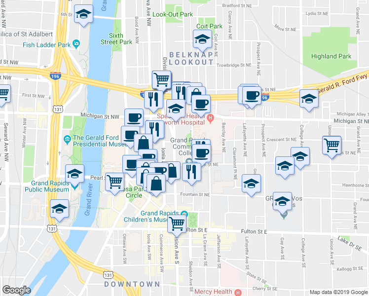 map of restaurants, bars, coffee shops, grocery stores, and more near 301 Bostwick Avenue Northeast in Grand Rapids