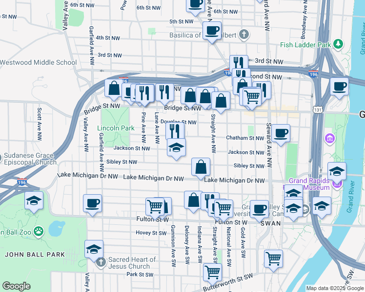 map of restaurants, bars, coffee shops, grocery stores, and more near 912 Chatham Street Northwest in Grand Rapids