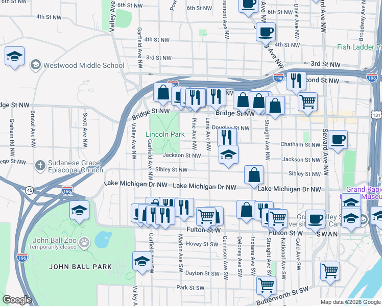 map of restaurants, bars, coffee shops, grocery stores, and more near 1024 Chatham Street Northwest in Grand Rapids